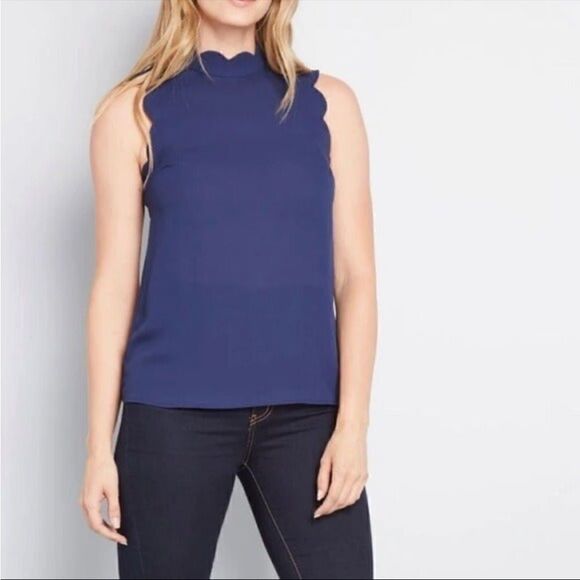 Modcloth Outstanding Scallops Sleeveless Blouse Navy Blue 4X - Picture 1 of 12